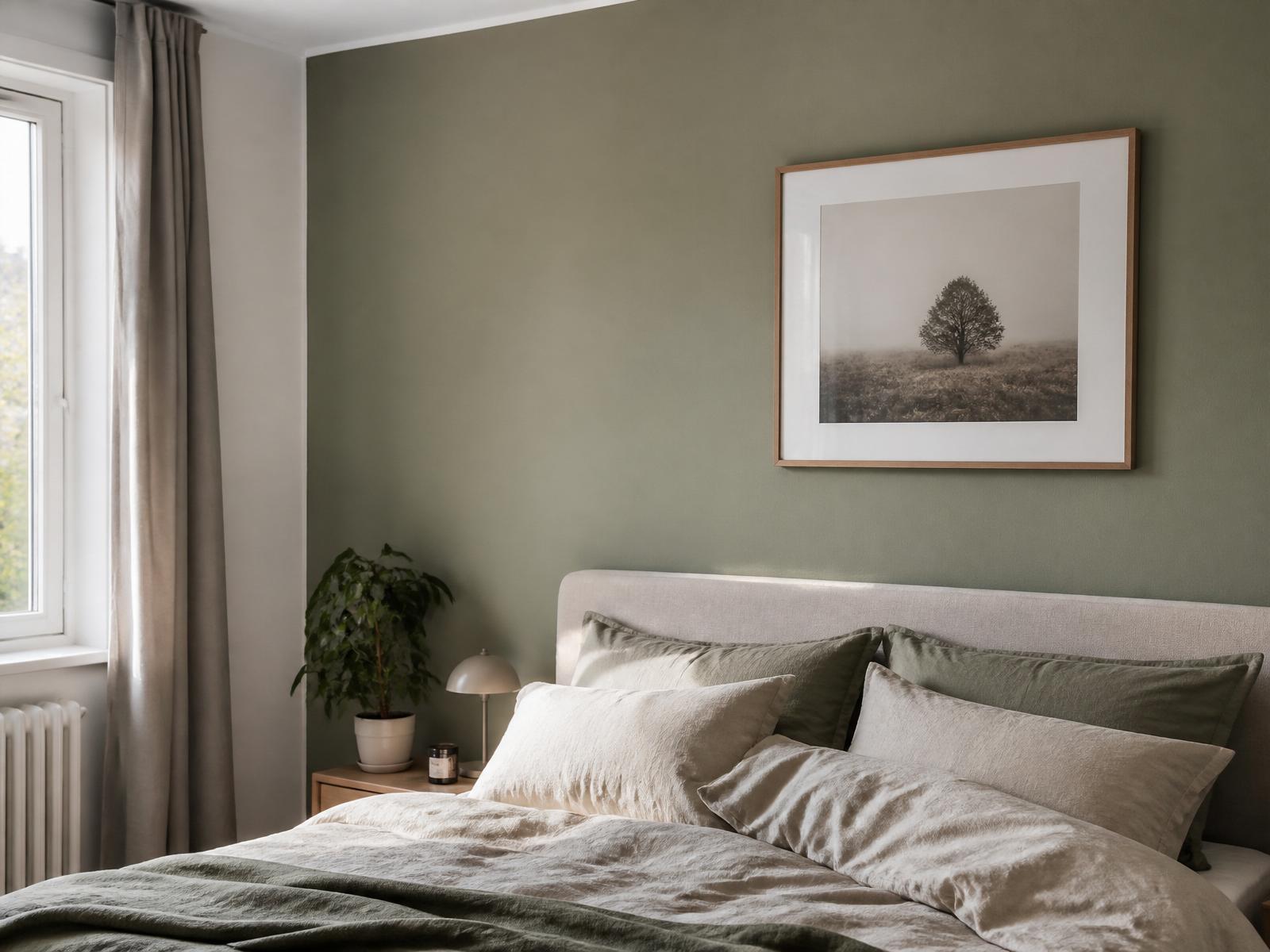 Schlafzimmer mit ruhig gestalteter grüner Wand